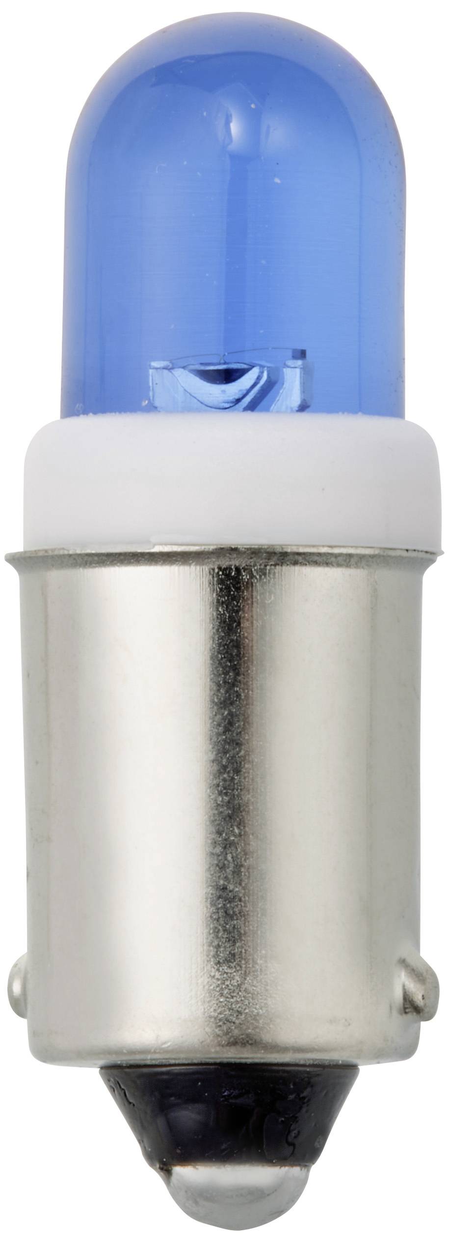 Eine blaue Glühbirne mit metallischer Basis, stehend aufrecht, zeigt einen glänzenden, glatten blauen Glaskolben.