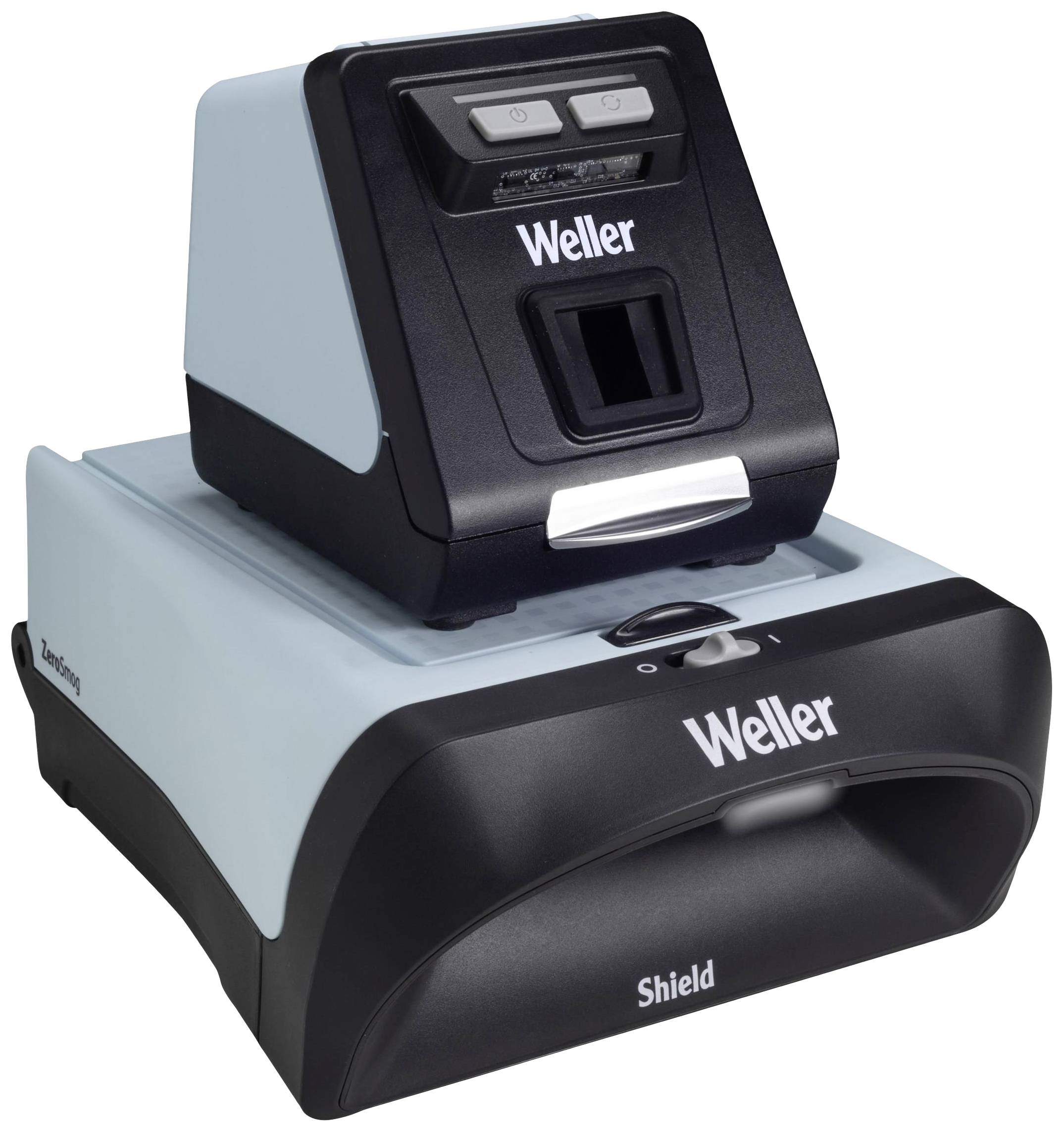 Ein schwarzes und graues Gerät von Weller, mit einem kleinen Bildschirm und Bedienelementen, auf einer stabilen Basis montiert.