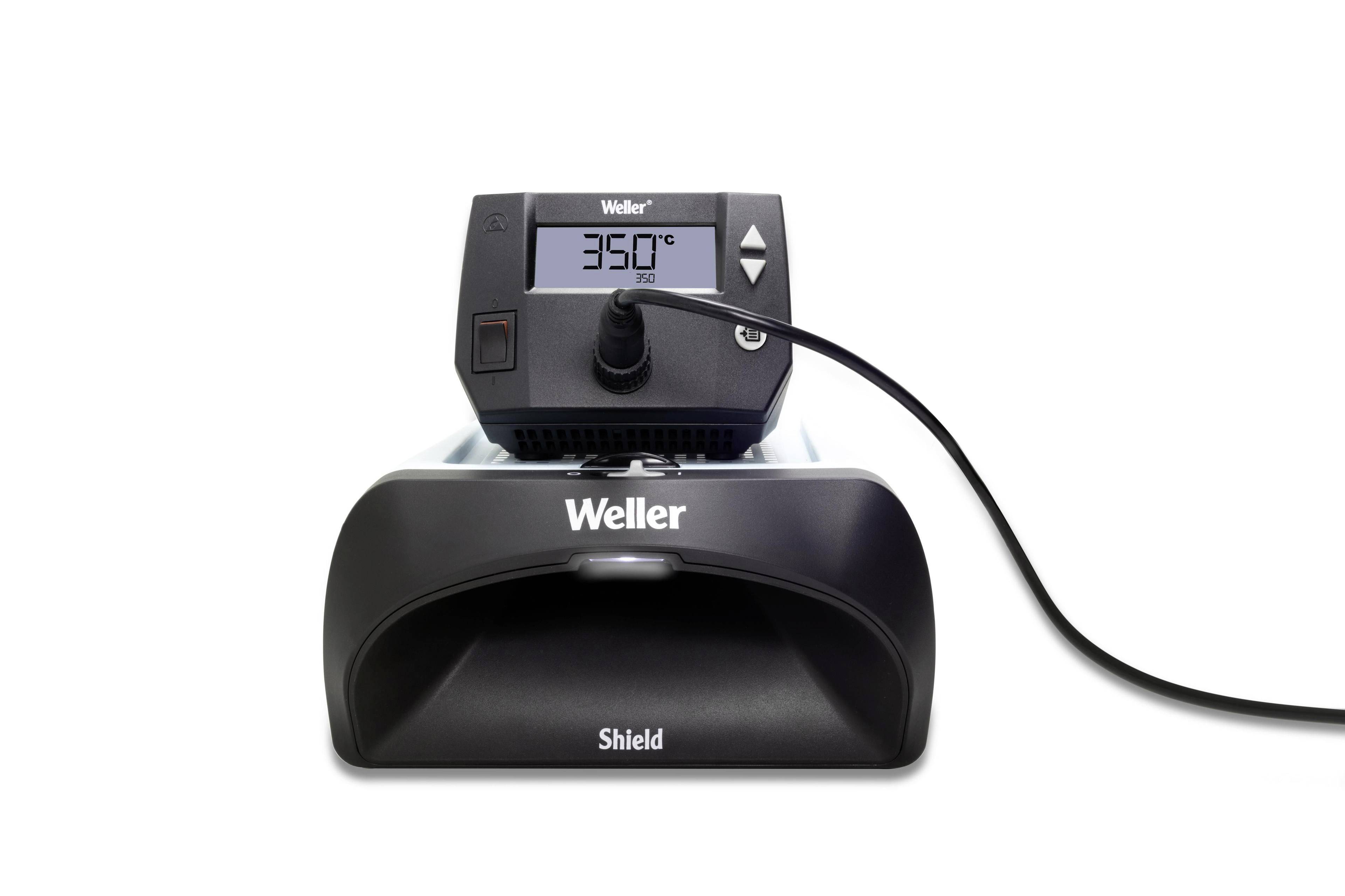 Lötstation mit digitaler Anzeige, zeigt 350 Grad Celsius. Schwarzer Griff und Stromkabel, Marke 'Weller Shield'.