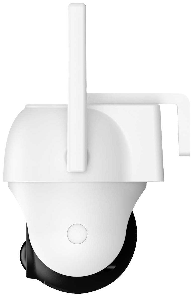 Weiße Sicherheitskamera mit Antenne, zeigt Objektiv nach unten. Klares, modernes Design für Innen- oder Außenüberwachung.