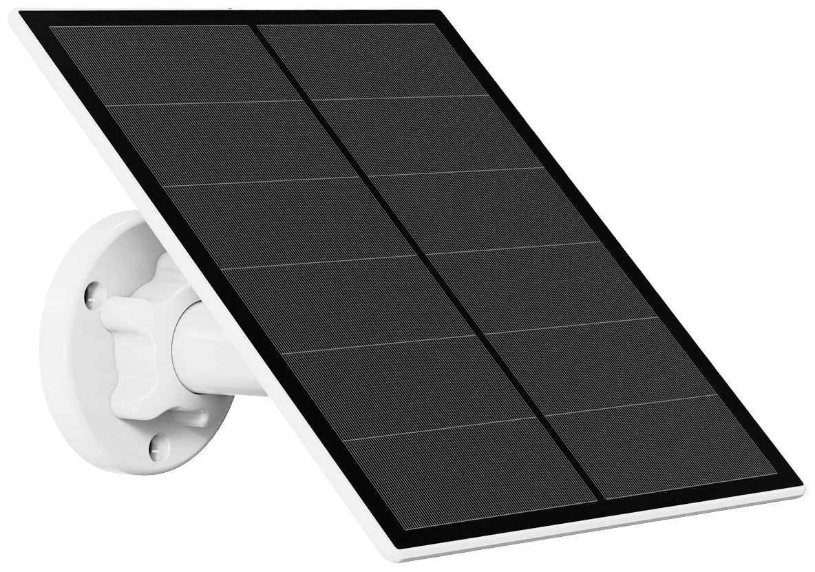 Solarpanel an einer weißen Wandhalterung befestigt, zeigt in einem Winkel nach oben und rechts.