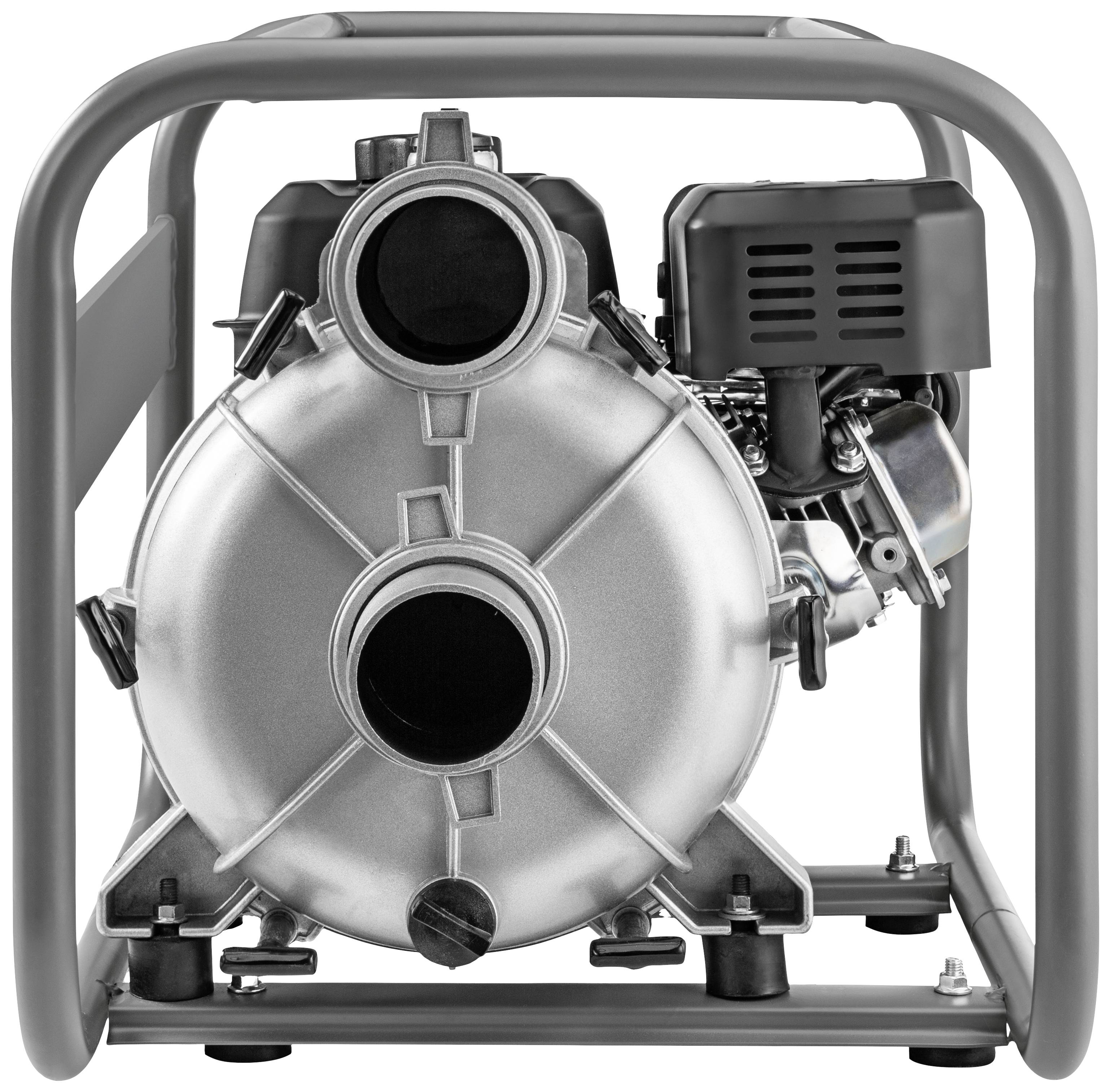 Ansaugpumpe mit Metallgehäuse und Schutzrahmen, geeignet für industrielle Anwendungen oder Wasserförderung im Freien.