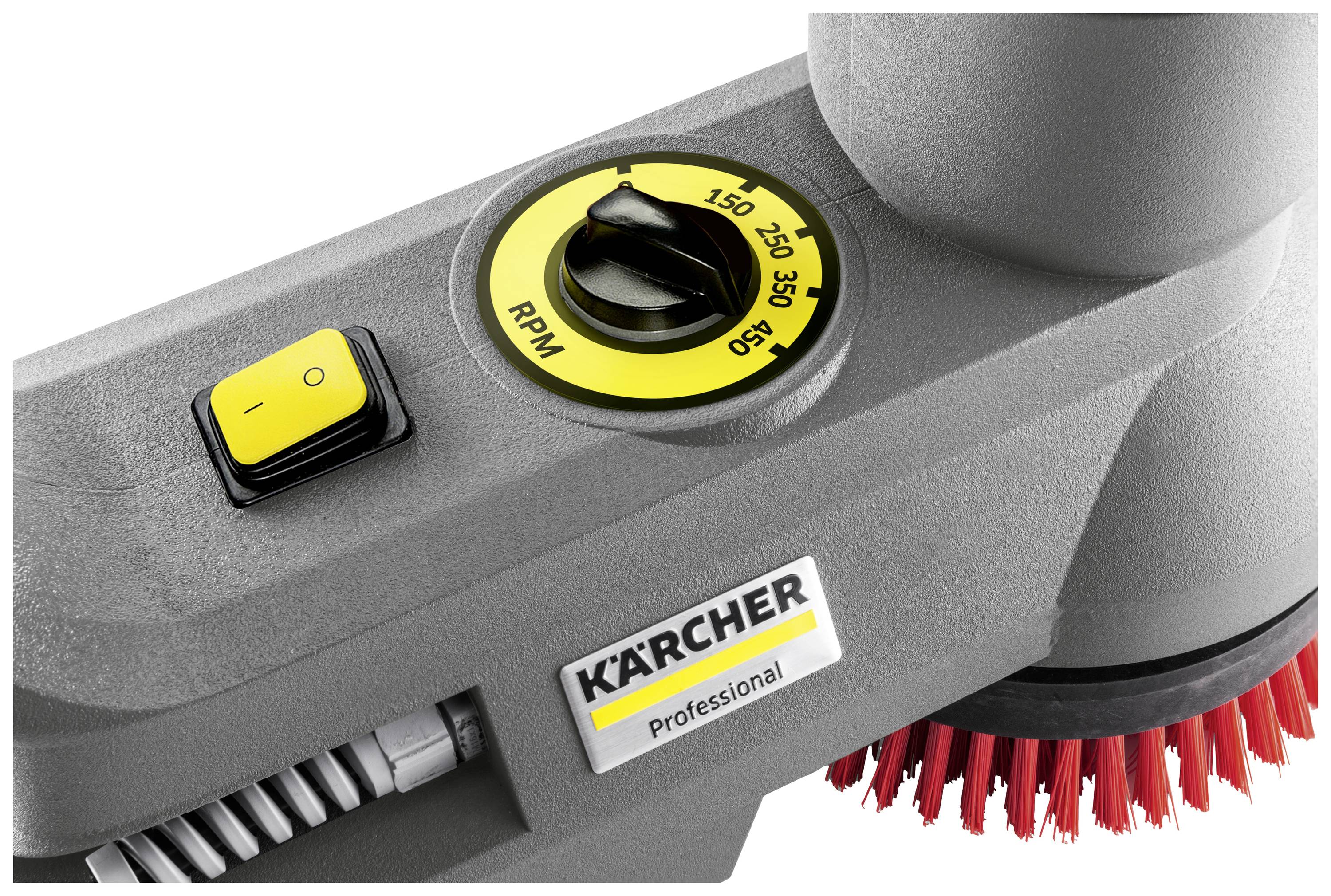 Ein graues Reinigungsgerät von 'Kärcher' mit einer roten Bürste und Drehregler für Umdrehungen pro Minute.