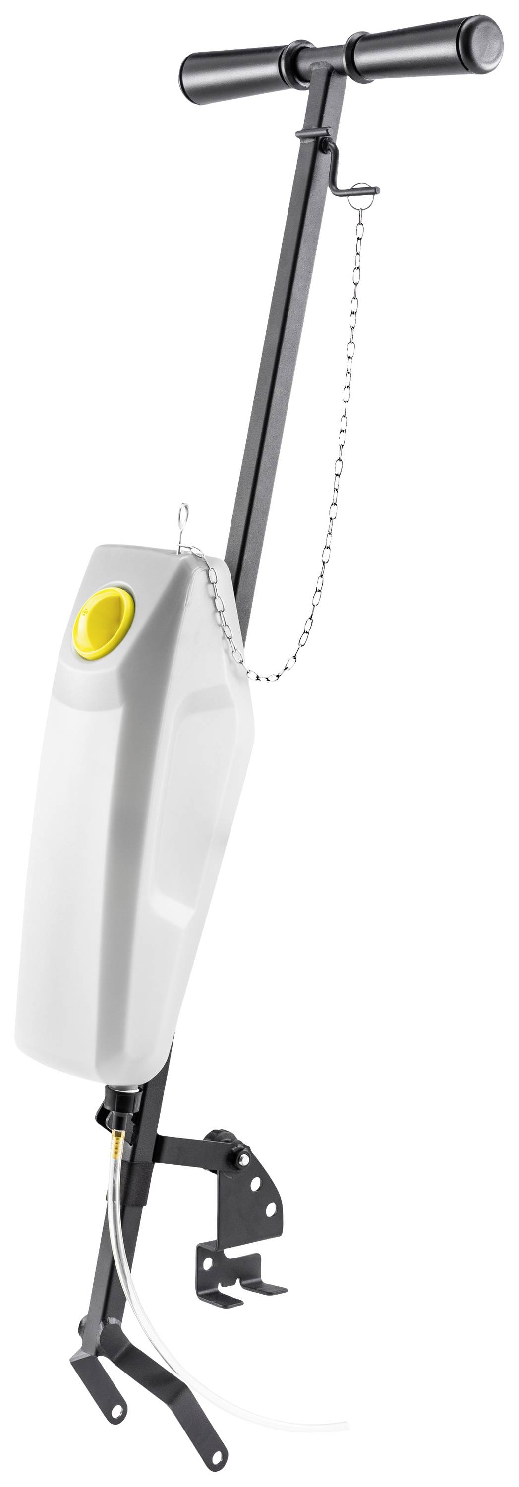 Eine manuelle Gartenspritze mit einer Stange und einem Griff oben, einem weißen Behälter in der Mitte und einem Spritzmechanismus unten.