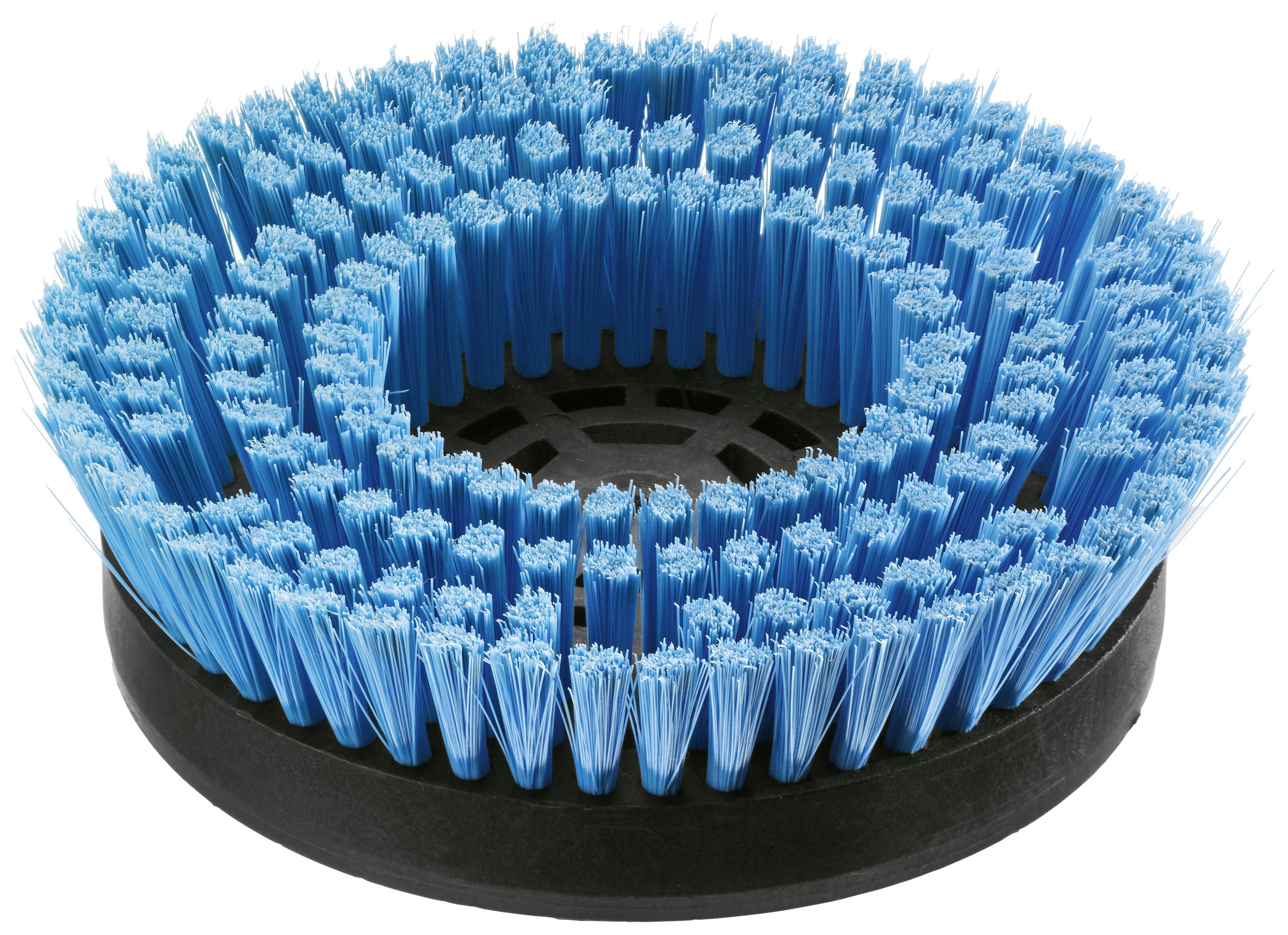 Ein runder Bürstenkopf mit blauen Borsten und schwarzer Basis.