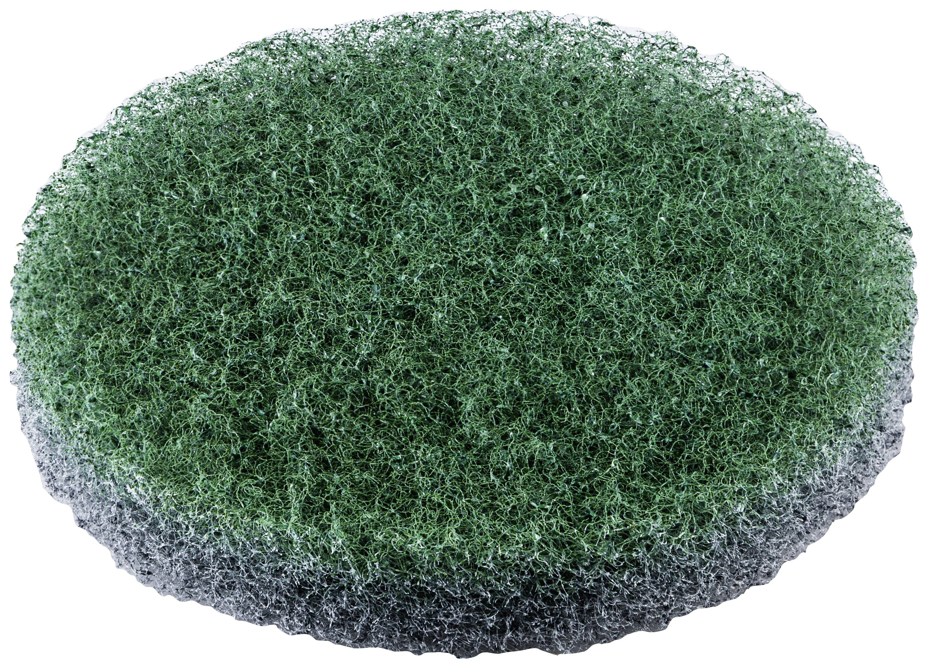 Ein runder, grüner Scheuerschwamm. Geeignet zum Reinigen von Oberflächen.