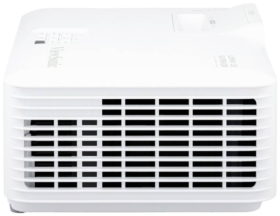 Ein weißer Projektor mit Lüftungsschlitzen an der Seite und Bedienfeld oben; geeignet für Präsentationen und Filmvorführungen.