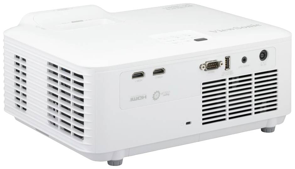 Ein weißer Projektor mit mehreren Anschlüssen, einschließlich HDMI und VGA, seitlich abgebildet. Geeignet für Präsentationen und Heimkino.