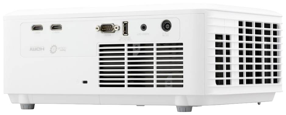 Der Projektor zeigt seine Rückseite mit Anschlüssen: zwei HDMI-Ports, ein VGA-Port, ein Audio-Ausgang und ein Netzanschluss.