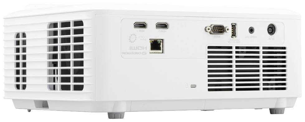 Weißer Projektor mit mehreren Anschlussmöglichkeiten an der Rückseite, einschließlich HDMI, Ethernet und einer Netzanschlussbuchse.