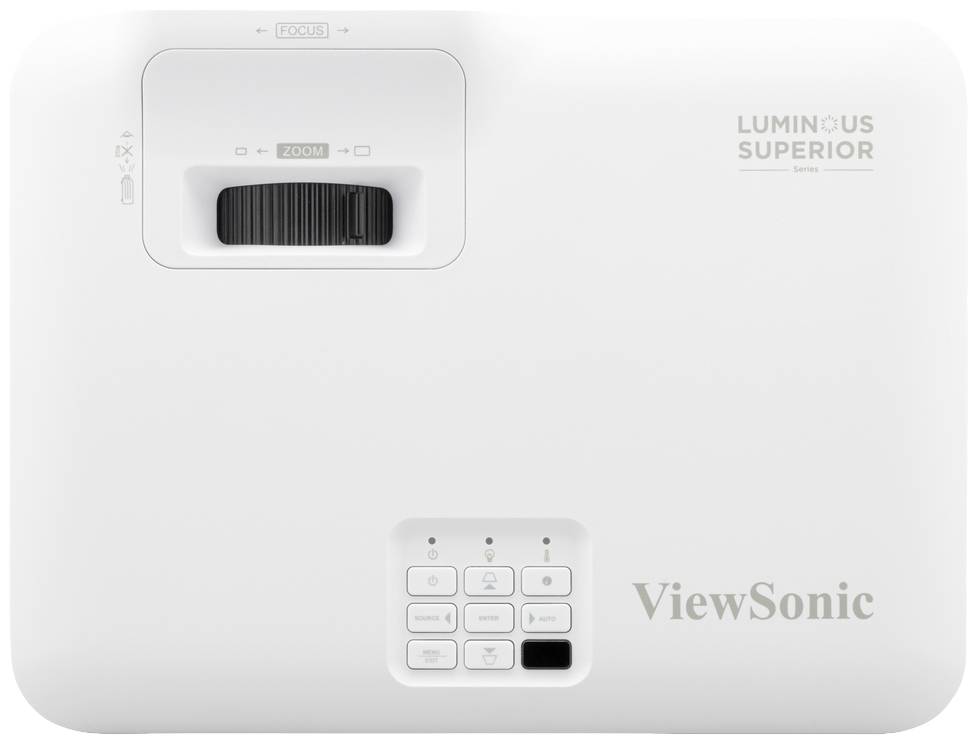 Ein weißer ViewSonic-Projektor mit Tastenfeld und Zoomrad, Modell 'Luminous Superior Series'.