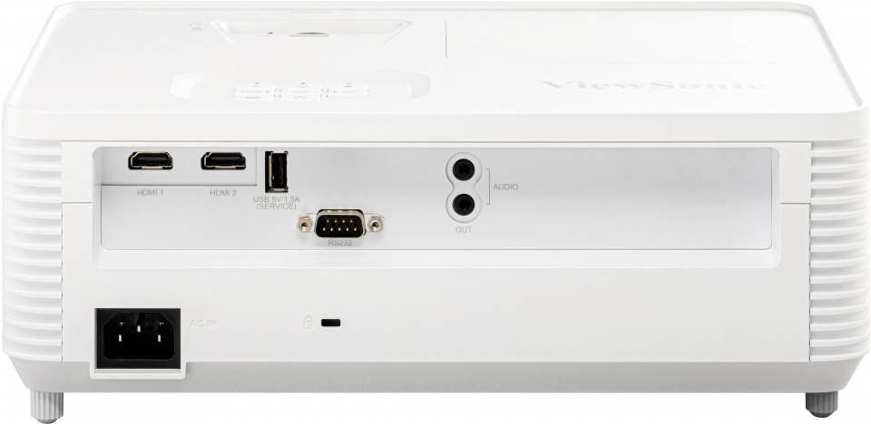 Bild eines Projektors von hinten mit HDMI-, USB- und Audioanschlüssen sowie einem Stromanschluss.