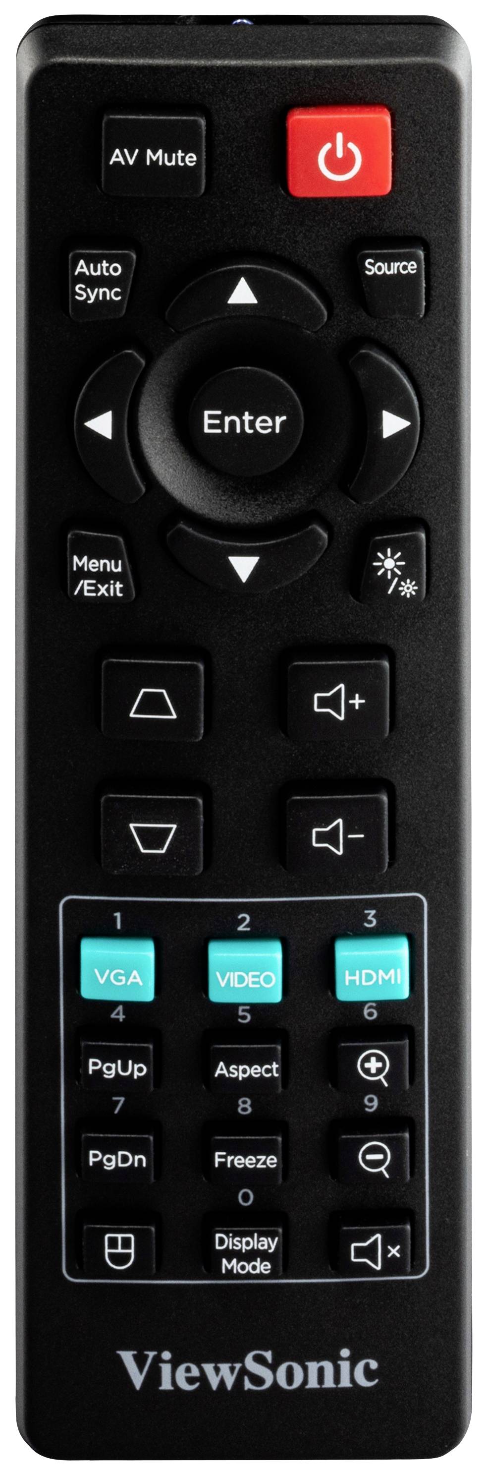 'ViewSonic'-Fernbedienung mit Tasten für Power, Menü, Lautstärke und Eingangsquelle wie VGA, Video, HDMI. Schwarz mit rotem Power-Knopf.