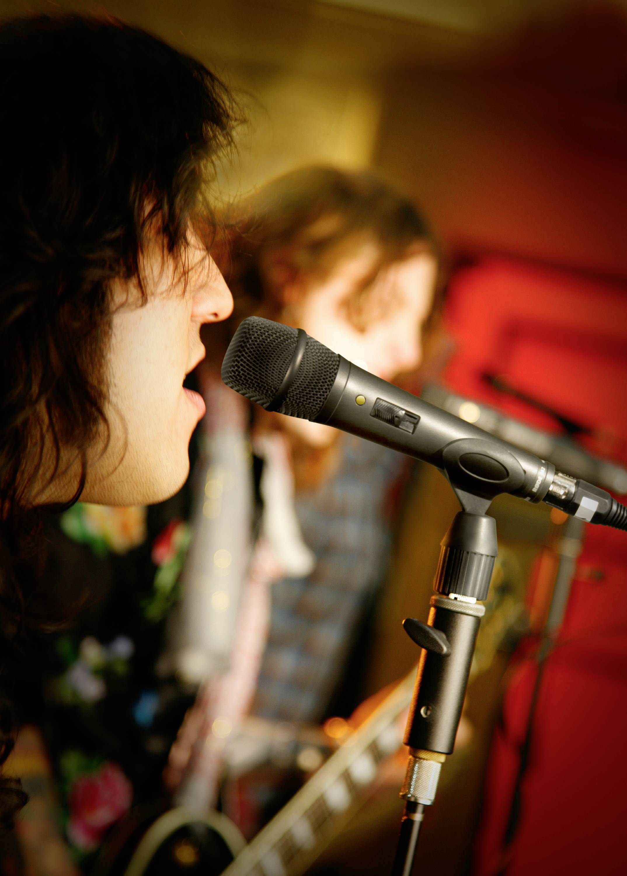 Zwei Musiker singen mit geschlossenen Augen in Mikrofone auf einer Bühne, einer spielt E-Gitarre. Sie wirken konzentriert und emotional.