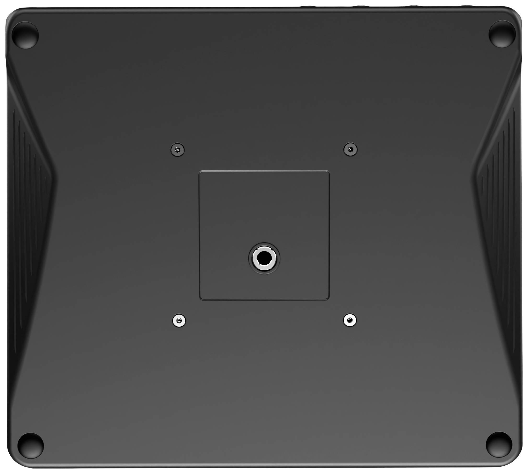 Unterseite eines elektronischen Geräts mit vier Schraubenlöchern und einer zentralen Befestigungsöffnung.