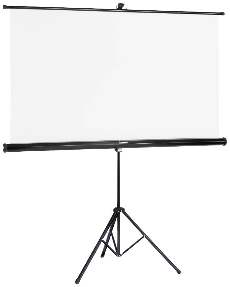 Projektor-Leinwand auf einem dreibeinigen Stativ, ausgerollt und bereit für Präsentationen.