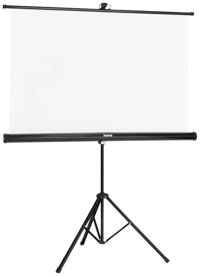 Leinwand auf einem Stativ, ausgezogen und bereit für Projektionen.