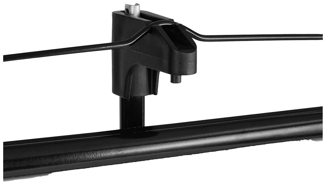 Eine schwarze Fahrradhalterung aus Kunststoff, über der eine Fahrradstange verläuft. Sie dient zur Befestigung eines Fahrrads.