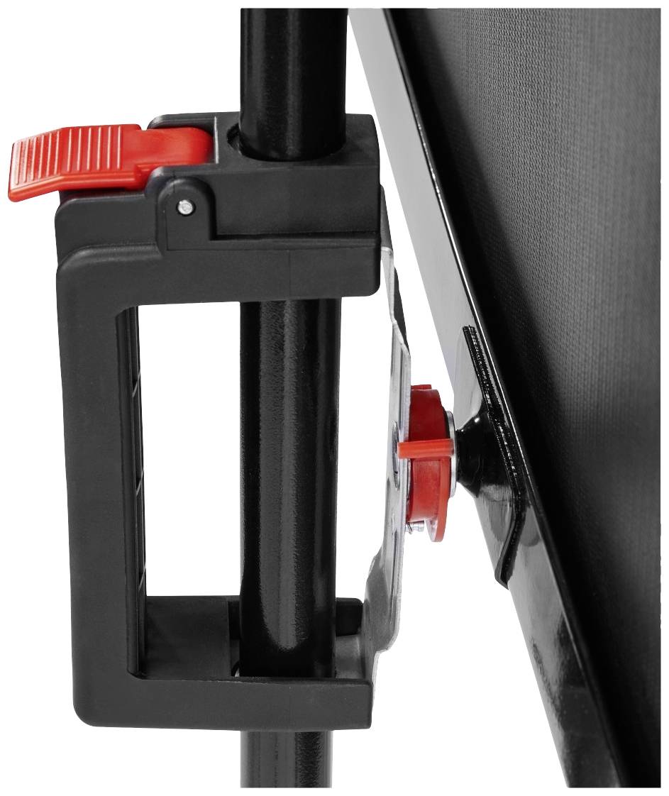 Ein schwarzes Stativ mit rotem Hebel, der zur Einstellung einer Halterung verwendet wird. Das System scheint robust und funktionell.