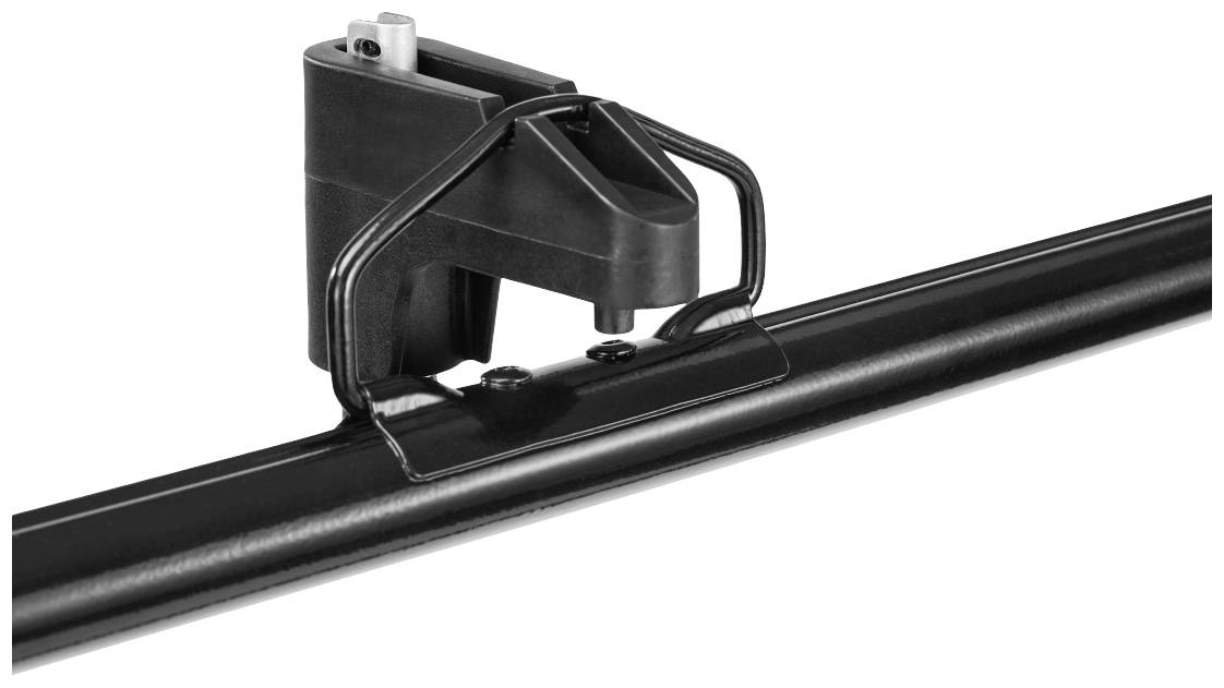 Eine schwarze Vorrichtung befestigt an einer Stange, möglicherweise Teil eines mechanischen oder technischen Geräts.