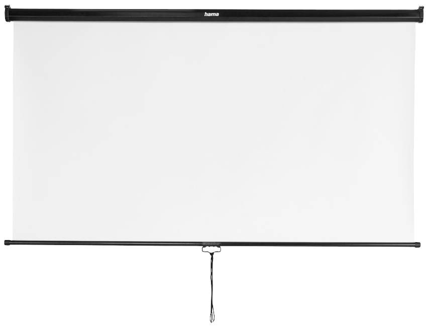 Leinwand mit schwarzem Rand und Haken zum Aufziehen. Sie wird für Präsentationen oder Filmvorführungen verwendet.