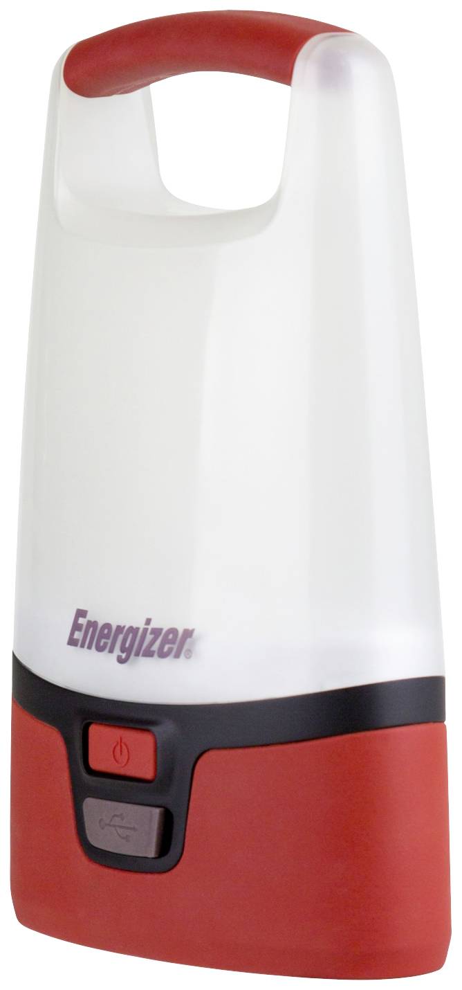 Tragbare LED-Laterne mit rotem Griff und schwarzem Einschaltknopf. Auf der Vorderseite steht 'Energizer'.