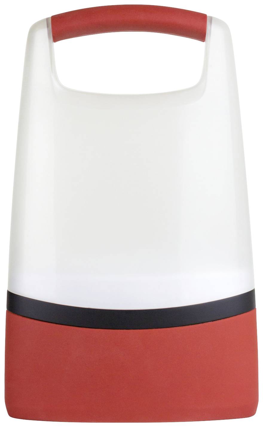 Tragbare LED-Lampe mit rotem Griff und Sockel, geeignet für Camping oder Außenaktivitäten. Batteriebetrieben und leicht transportierbar.