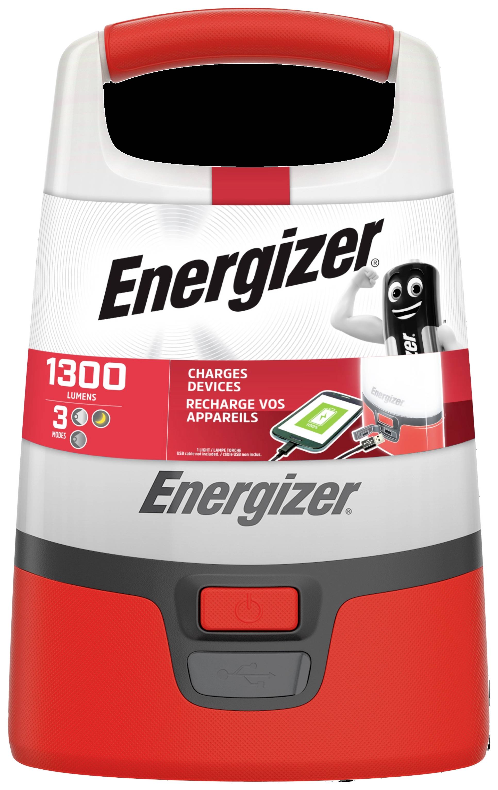 Tragbare Energizer-Laterne mit 1300 Lumen. Ladegeräte-Anschlüsse, geeignet zum Aufladen von Geräten. Design in Rot und Grau.