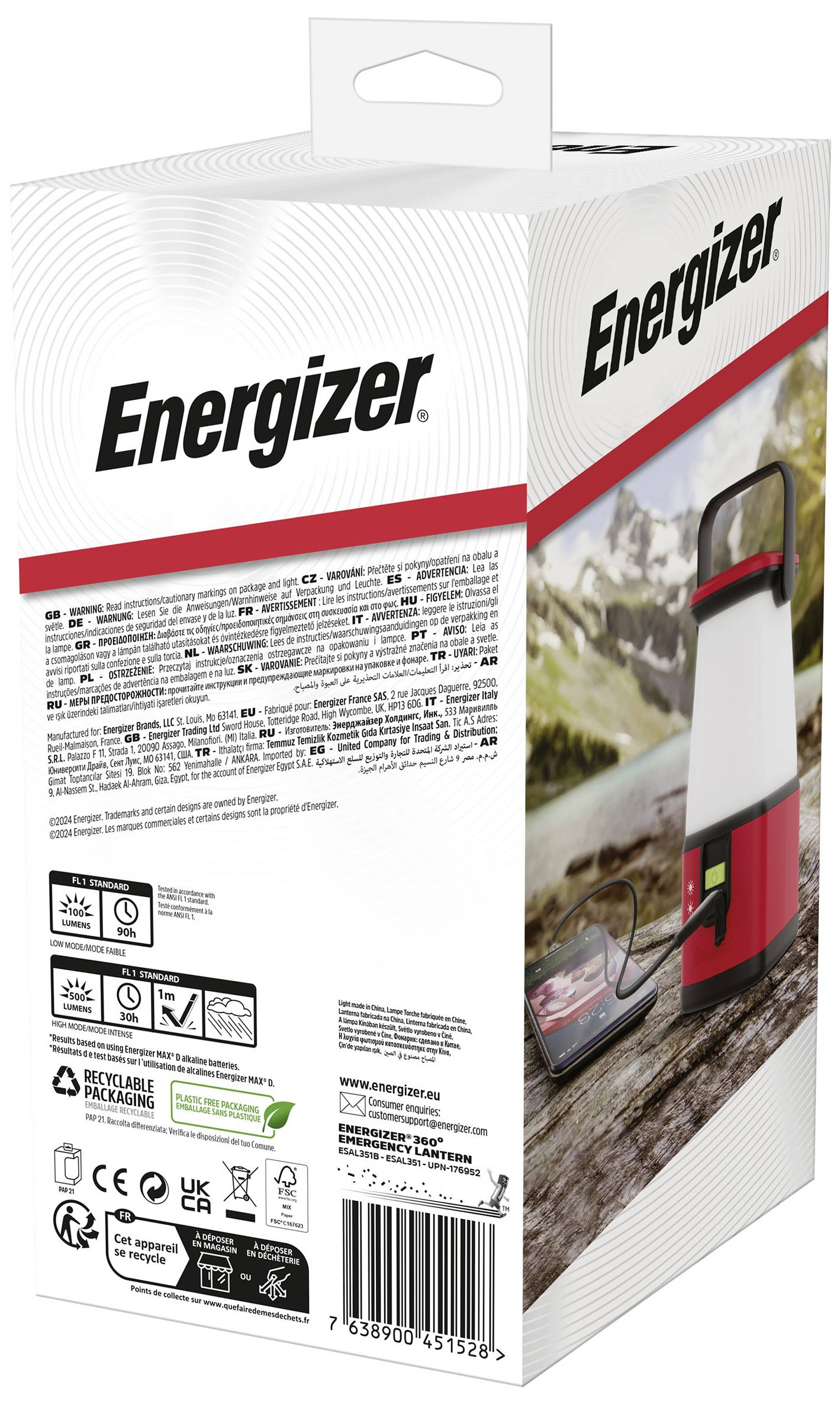 Energizer E304157700 360° Camping LED Camping-Laterne 500lm batteriebetrieben Rot/Schwarz