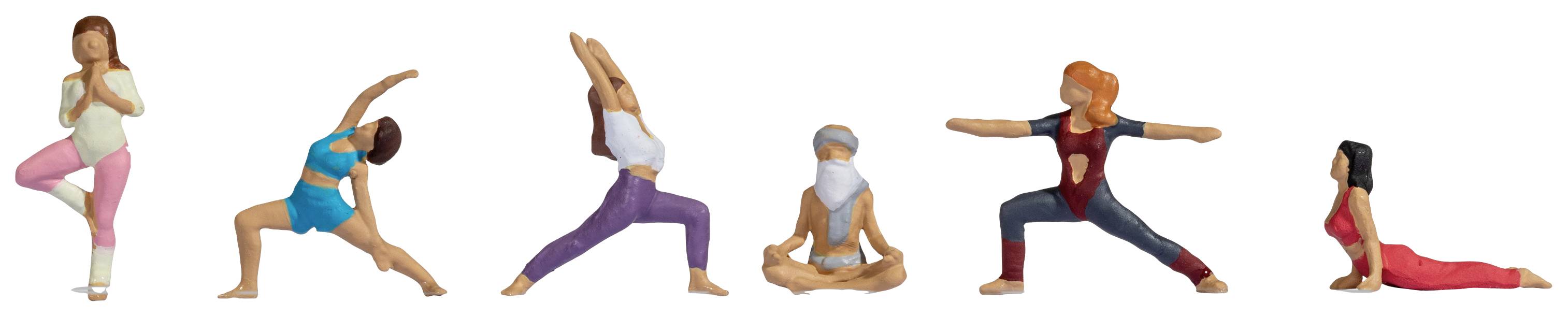 Eine Reihe von Figuren zeigt sechs verschiedene Yoga-Posen, jede in einer einzigartigen Haltung, die Flexibilität und Balance darstellt.