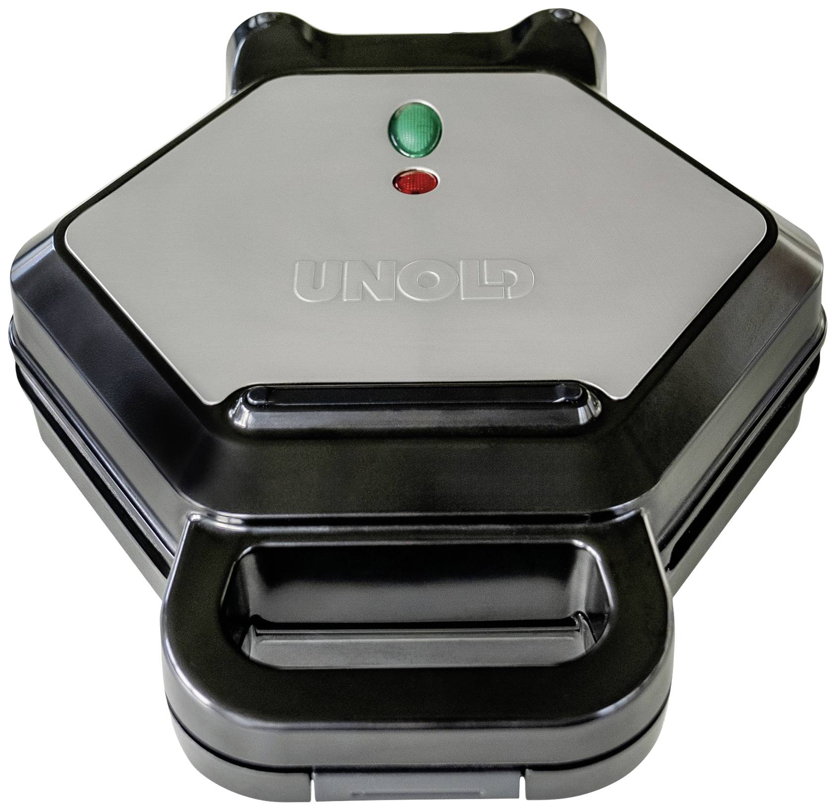 Ein geschlossener Sandwichtoaster mit schwarzem und silbernem Gehäuse, darauf zwei Kontrollleuchten in Rot und Grün.