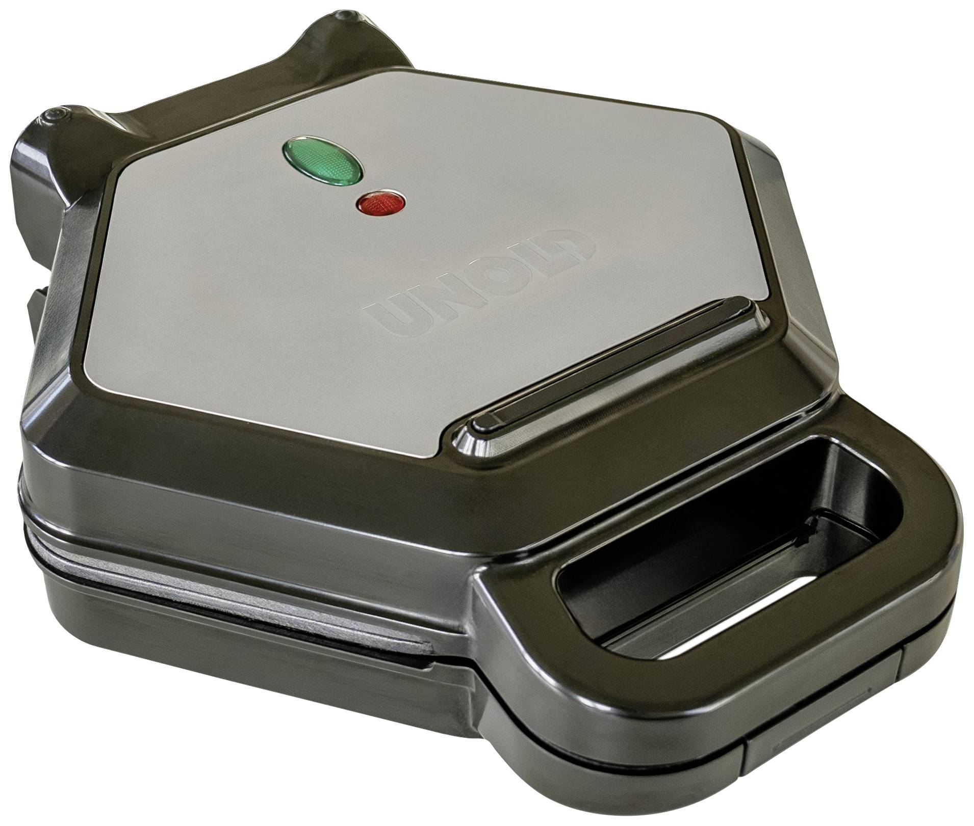 Ein schwarzer Waffeleisen mit grünem und rotem Kontrolllämpchen auf der Oberseite.