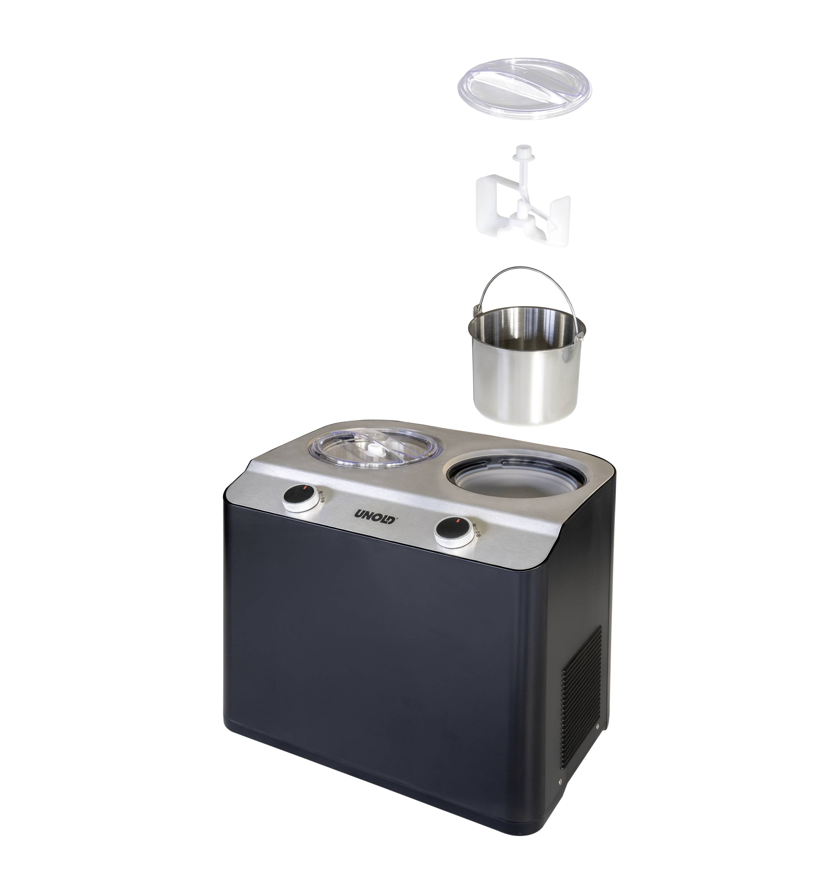 Eismaschine mit Edelstahlgehäuse, zwei Bedienknöpfen und herausnehmbarem Metalleimer. Zubehör: Rührwerkzeug, Deckelaufsatz.