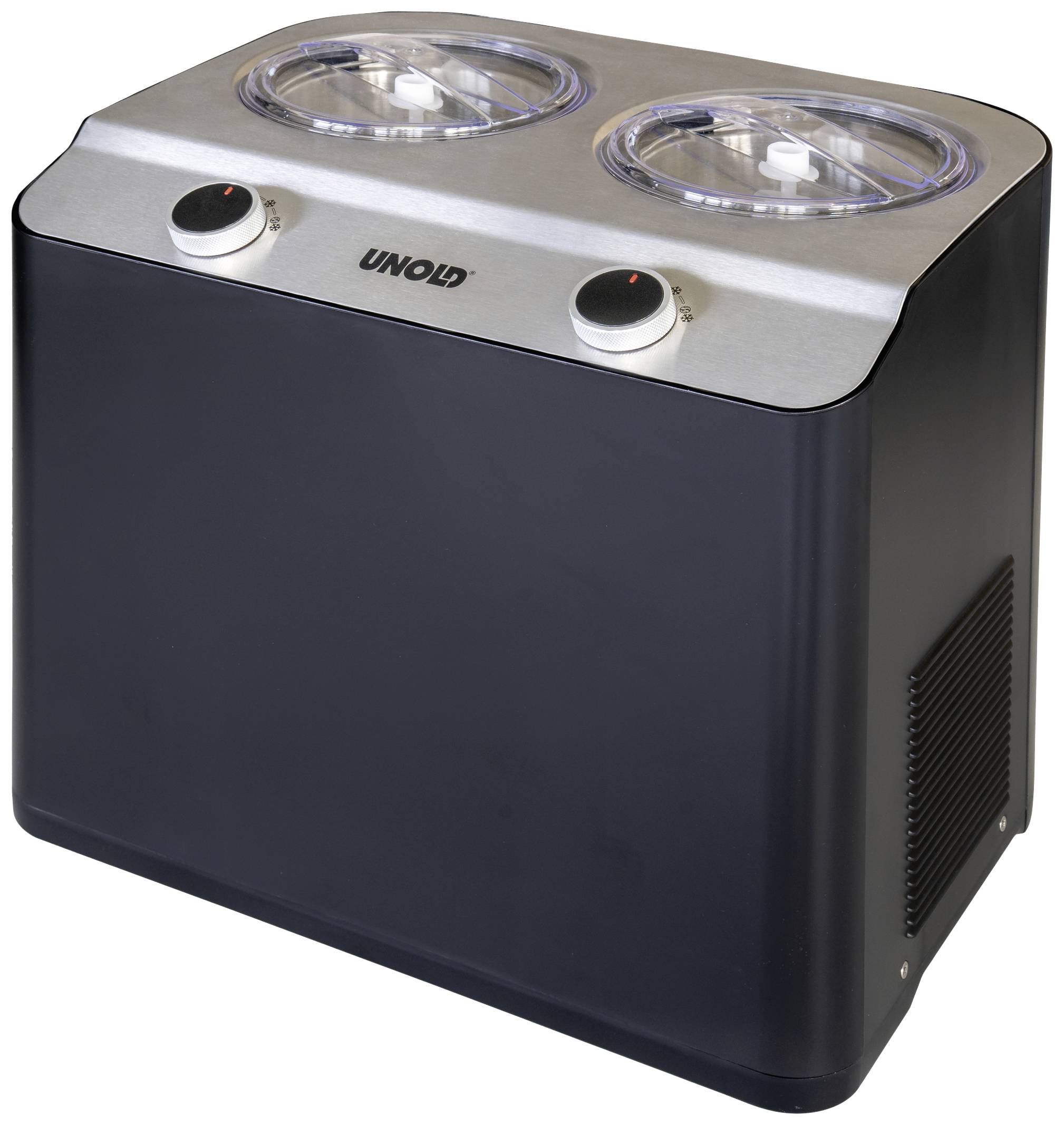 Eismaschine mit zwei transparenten Deckeln und Drehknöpfen zur Einstellung. Silberne Oberseite, schwarzes Gehäuse, Marke 'Unold'.
