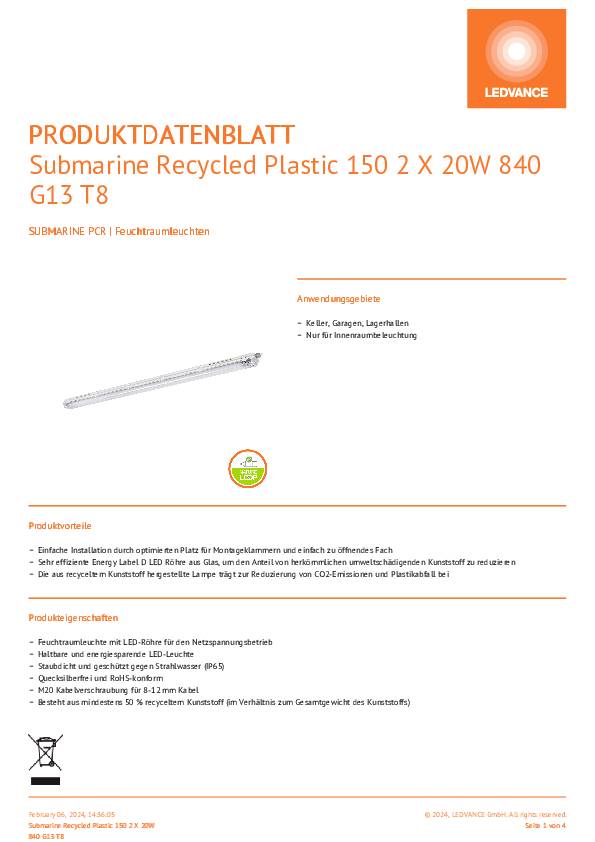 LEDVANCE SubMarine PCR Feuchtraum-Wannenleuchte LED G13 40W Neutralweiß Grau