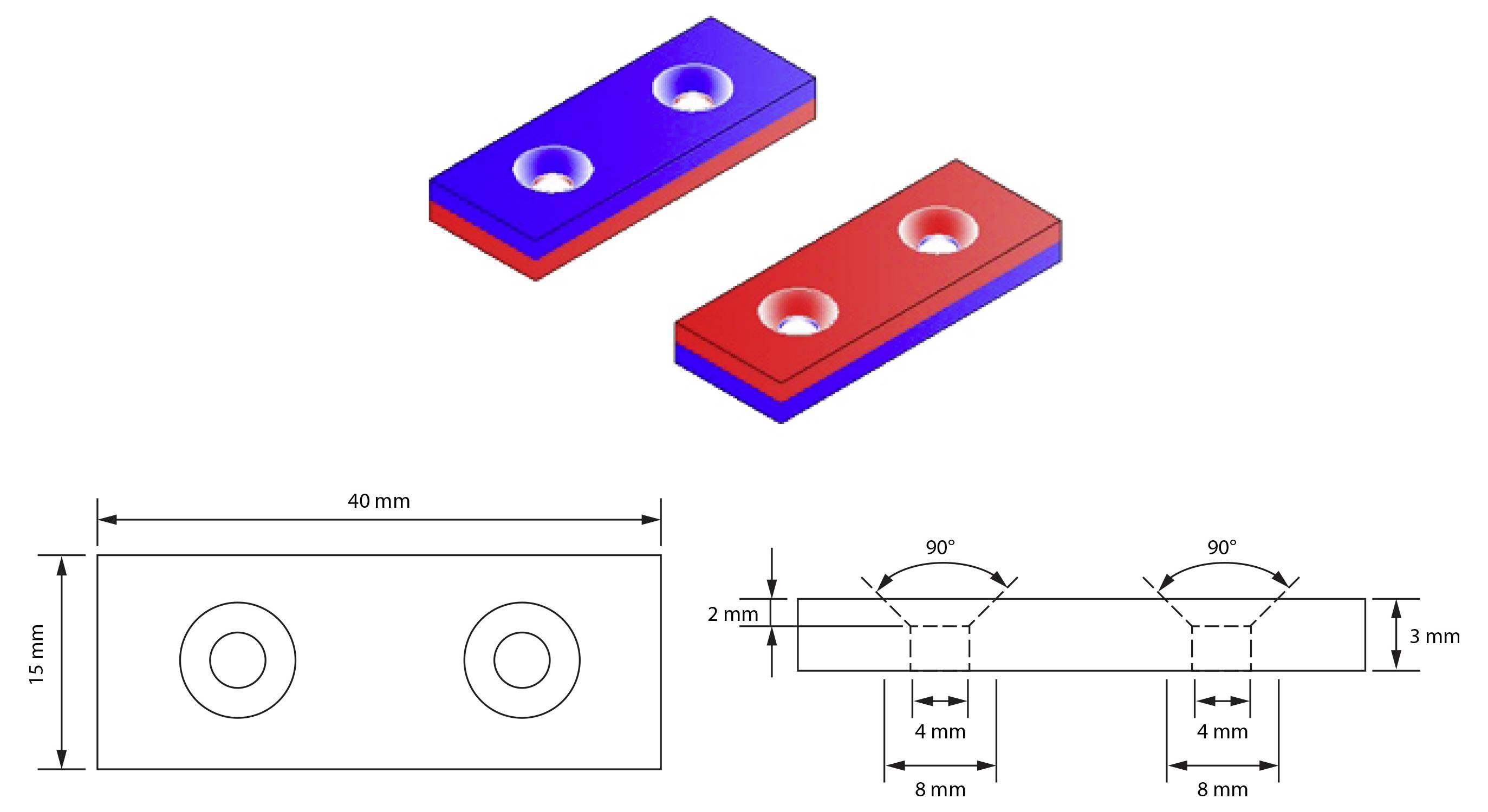 Diagramm einer 40 mm × 15 mm rechteckigen Platte mit zwei versenkten Bohrungen, dargestellt in isometrischer Ansicht und Seitenabmessungen, einschließlich 2 mm Tiefe und 90°-Senker.