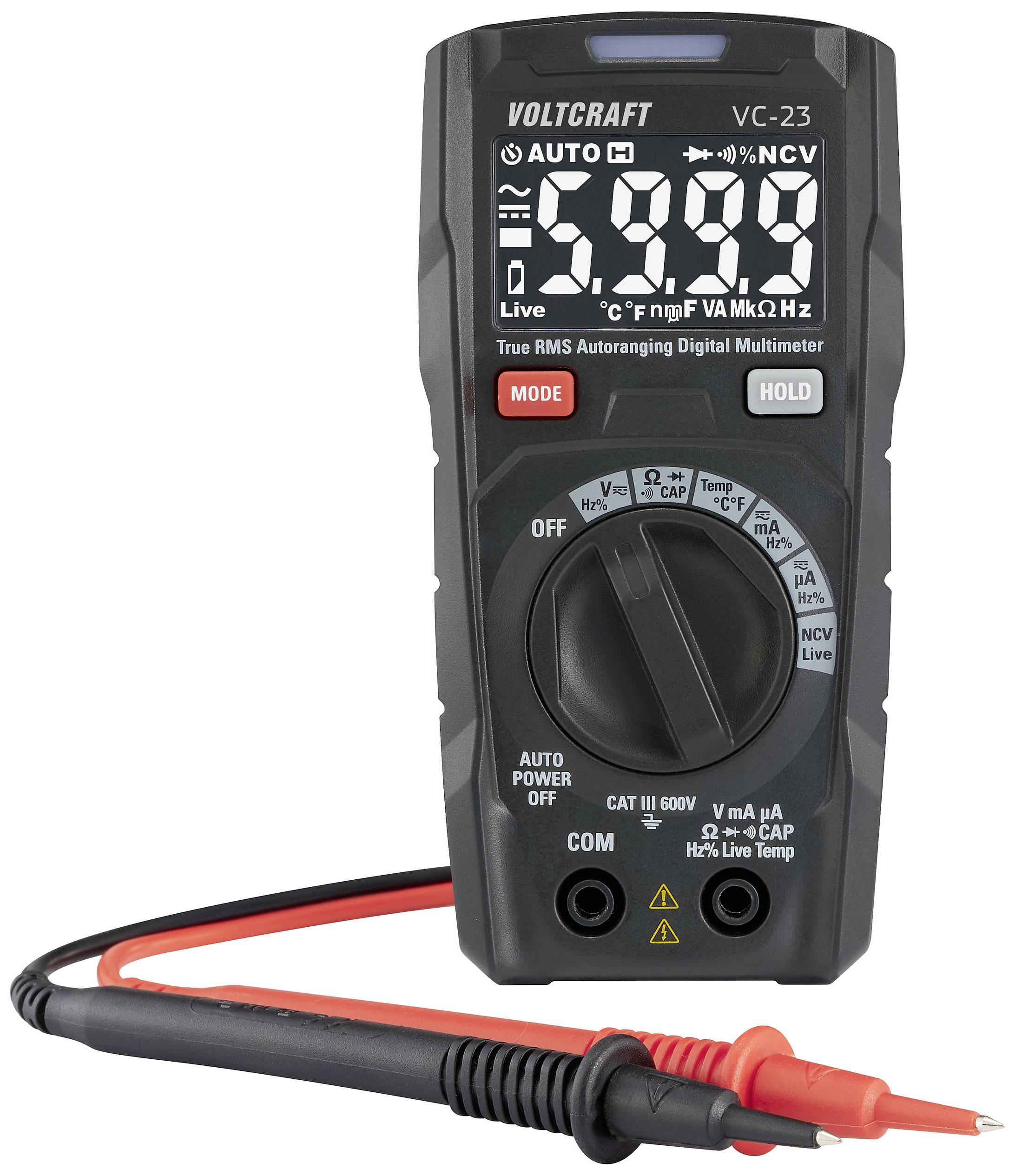 Digitales Multimeter der Marke Voltcraft VC-23 mit Anzeige für Spannungsmessungen und mehreren wählbaren Funktionen mittels Drehschalter.