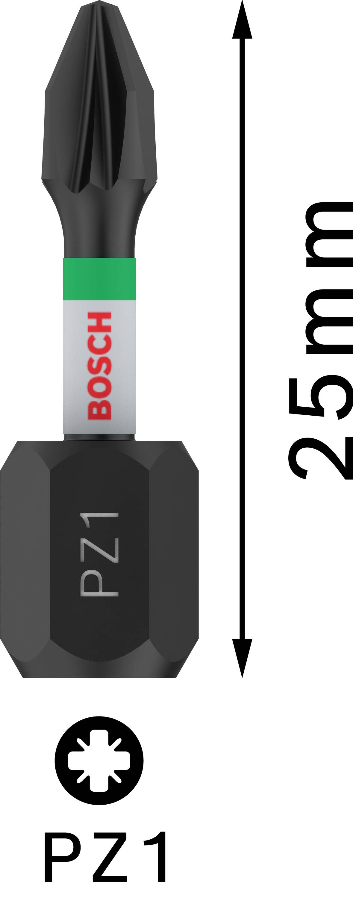 Bosch PZ1 Schrauberbit, 25mm lang, schwarzes Bit mit grünem Ring, zeigt Pozidrive-Spitze. Geeignet für Schraubarbeiten.