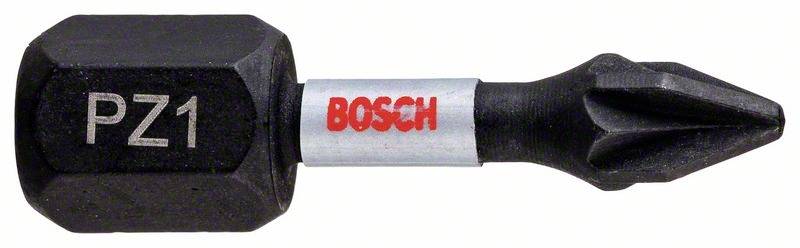 Schwarzer Schraubendreher-Bit mit der Aufschrift 'PZ1' und rotem 'BOSCH'-Logo. Speziell geformte Spitze für Kreuzschlitzschrauben.
