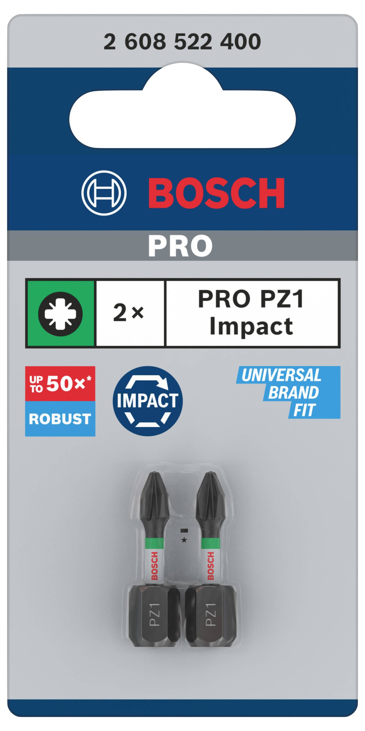 'Bosch PRO PZ1 Impact' Bits, 2 Stück in der Verpackung, geeignet für robuste Anwendungen. Markenkompatibilität hervorgehoben.