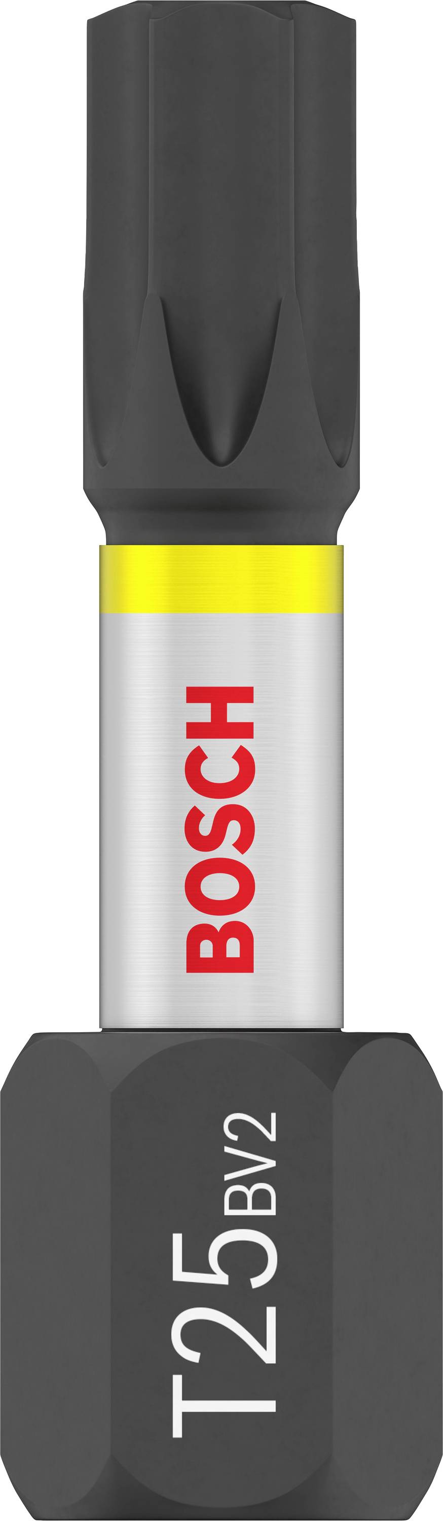 Screwdriver-Bit mit der Aufschrift 'T25', schwarzes Ende, Metallkörper mit 'BOSCH'-Logo.用于带星形 Schraubenköpfe.