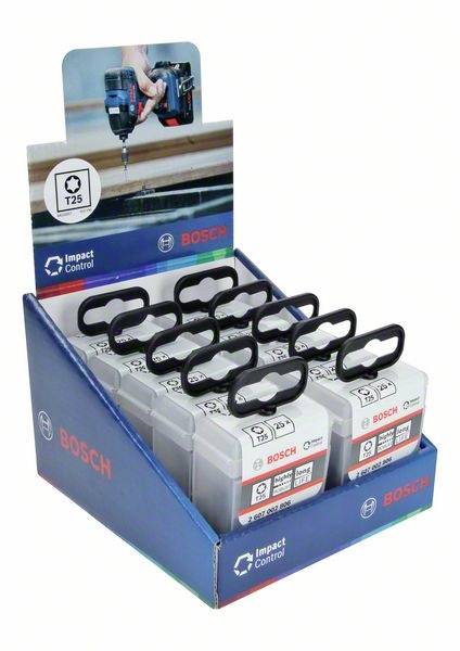Verpackung für Bosch-Schrauberbits. Zeigt Bild eines Akkuschraubers mit Bits. Enthält mehrere Boxen, jede mit einem ergonomischen Griff.