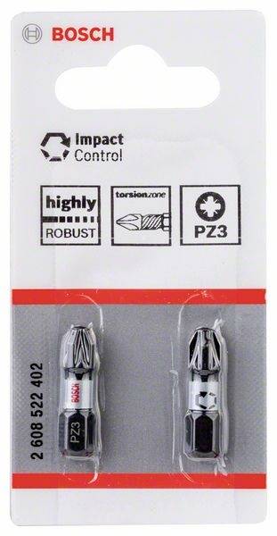 Zwei Schraubendreherbits 'PZ3' von Bosch in einer Verpackung. Markierungen: 'Impact Control' und 'highly robust'.