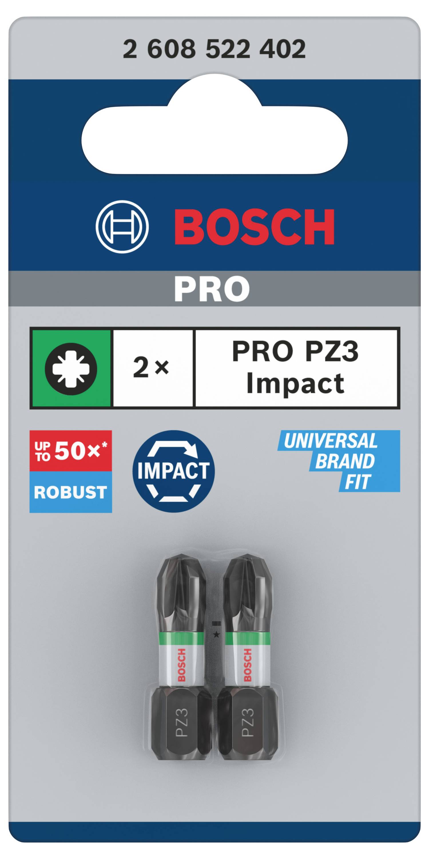 Verpackung mit zwei Bosch PRO PZ3 Impact Schraubendreherbits, robust und universell einsetzbar.