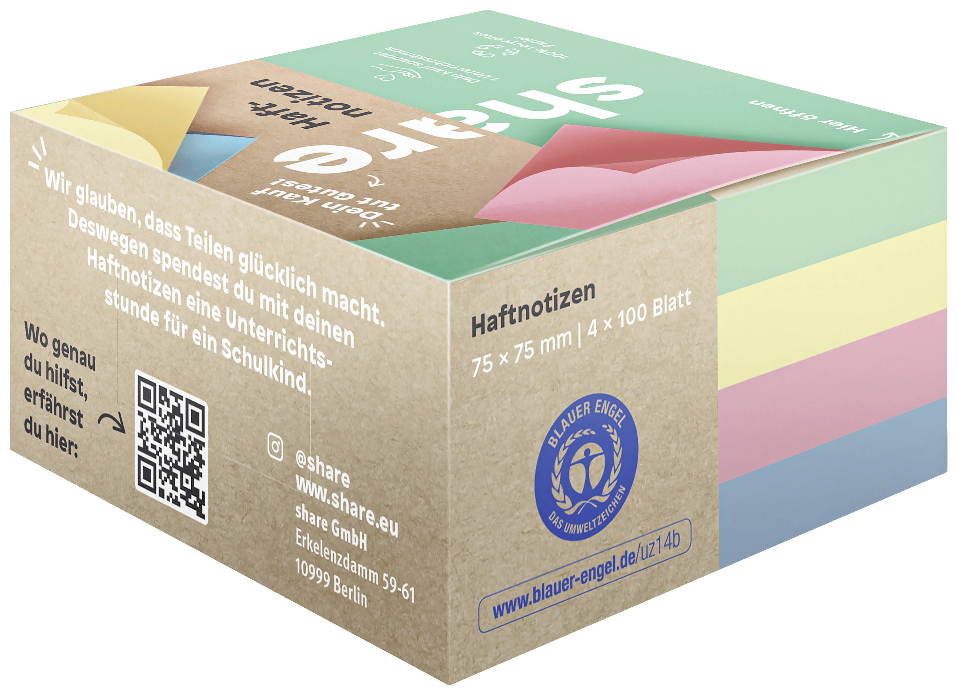 Eine Packung mit Haftnotizen in verschiedenen Farben. Auf der Verpackung steht 'Wir glauben, dass Teilen glücklich macht'.