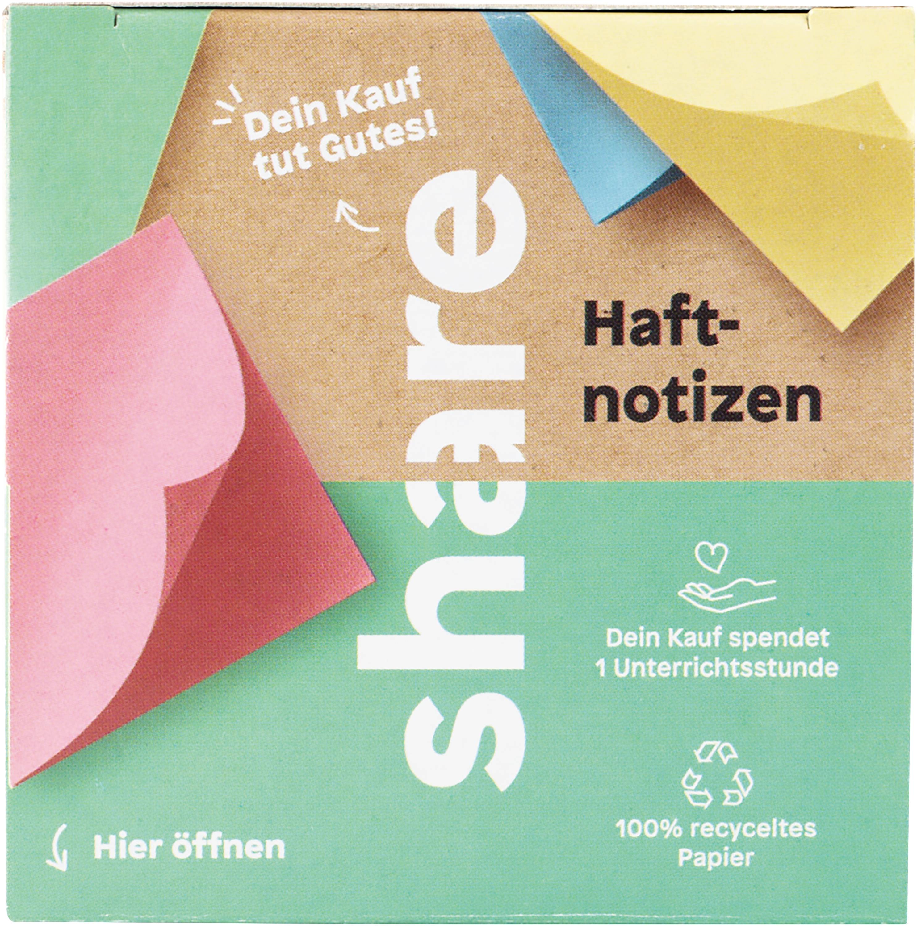 Verpackung von Haftnotizen mit der Aufschrift 'Dein Kauf tut Gutes!' und '100% recyceltes Papier'. Der Kauf spendet Unterrichtsstunden.