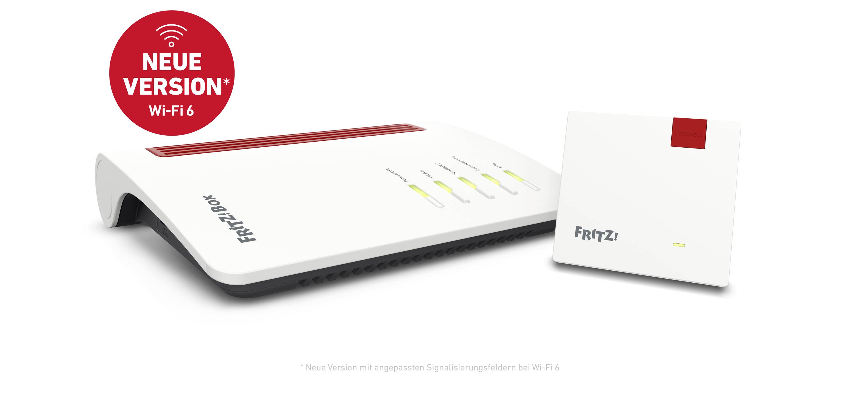 Ein Router und ein Repeater der Marke FRITZ! mit der Aufschrift 'Neue Version Wi-Fi 6', die verbesserte Signalstärke versprechen.