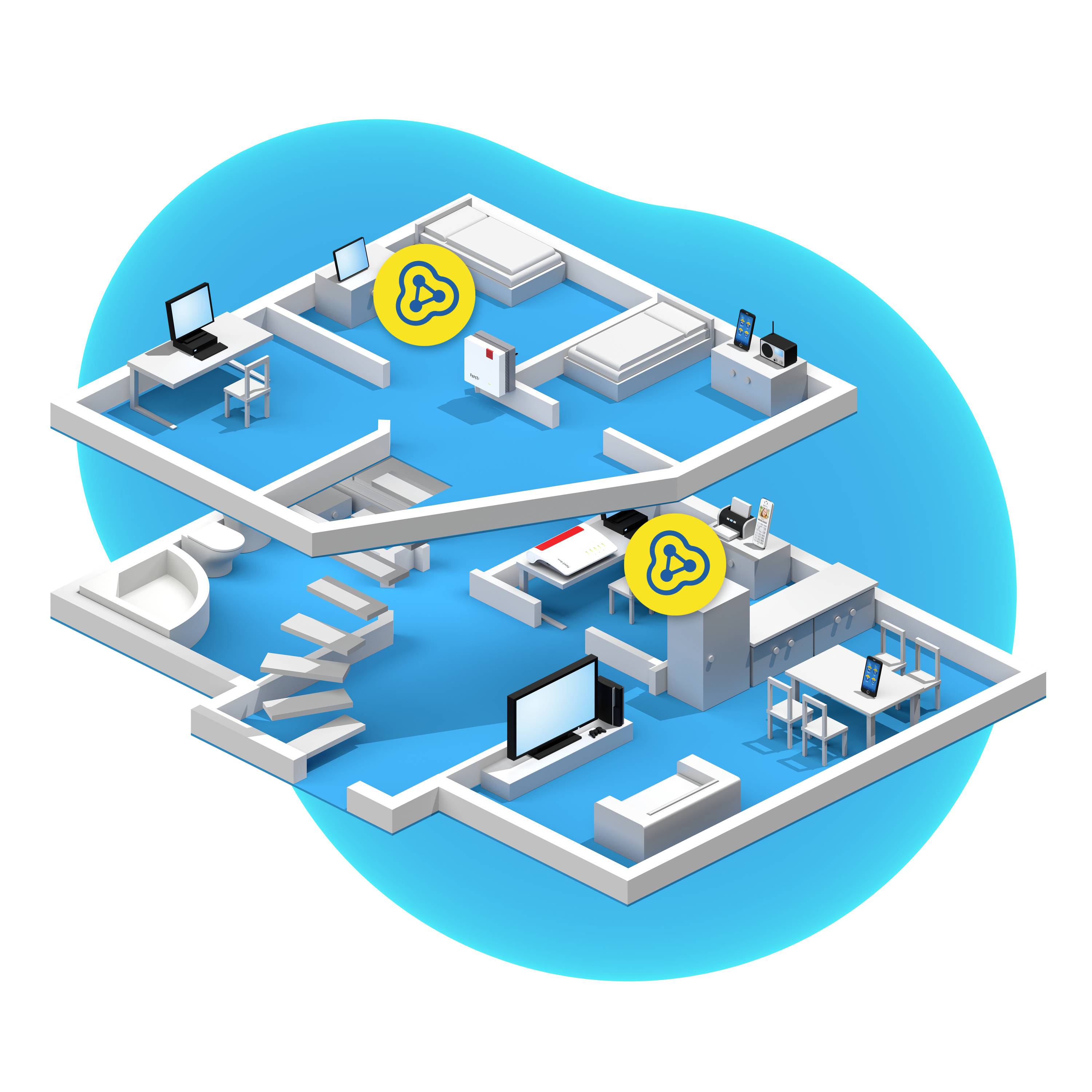 Zwei Etagen eines Hauses mit Laptops, Sofas, Treppen und zwei gelben Symbolen. Symbole markieren wichtige digitale Sicherheitsbereiche.