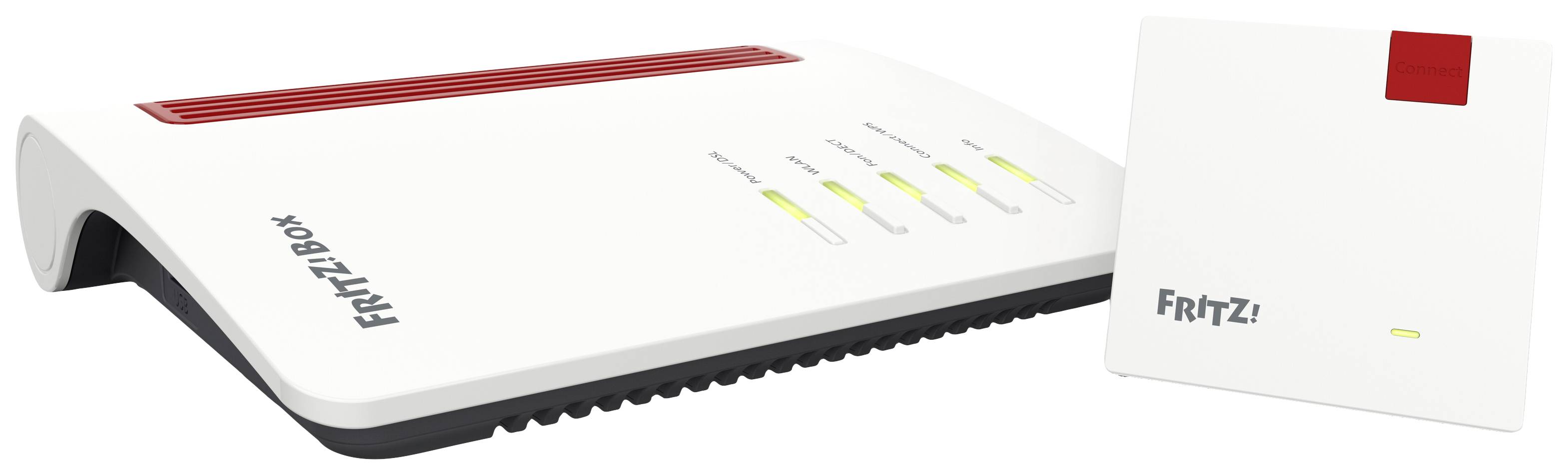 Ein weißer Router mit roten Akzenten, 'FRITZ!Box' markiert, daneben steht ein WLAN-Repeater mit rotem Bereich oben rechts, ebenfalls 'FRITZ!' beschriftet.