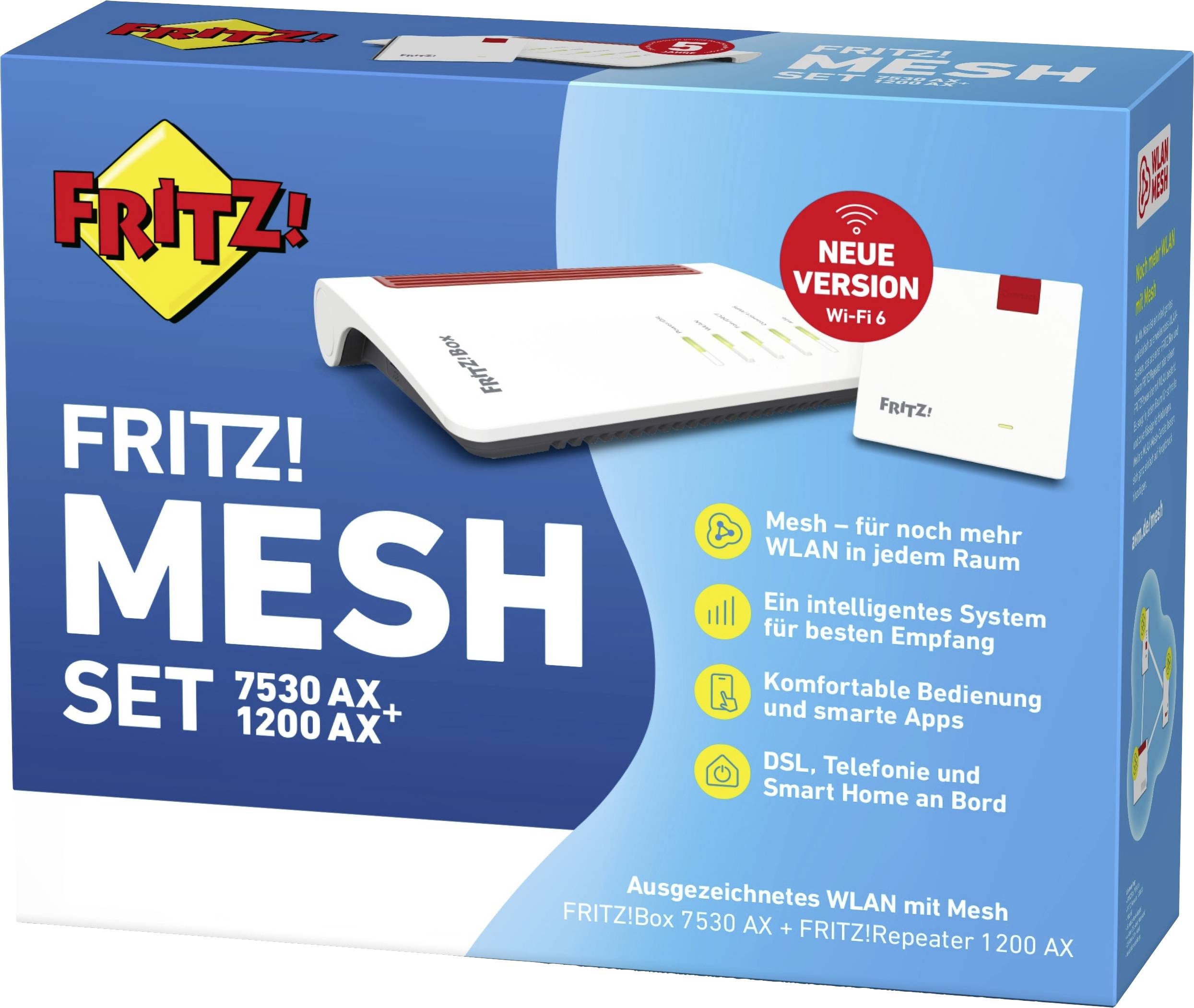Verpackung des FRITZ! Mesh Sets 7530 AX und 1200 AX mit Angaben zu Funktionen wie besserem WLAN, intelligentes System und einfacher Bedienung.